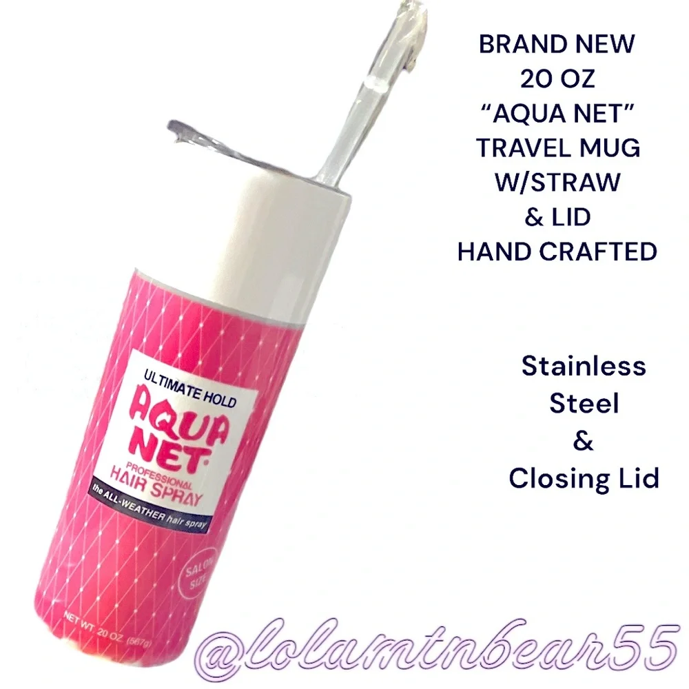 BRAND NEW HANDMADE THERMAL INSULATED SLIM TRAVEL MUG W/STRAW “”AQUA NET” 20oz